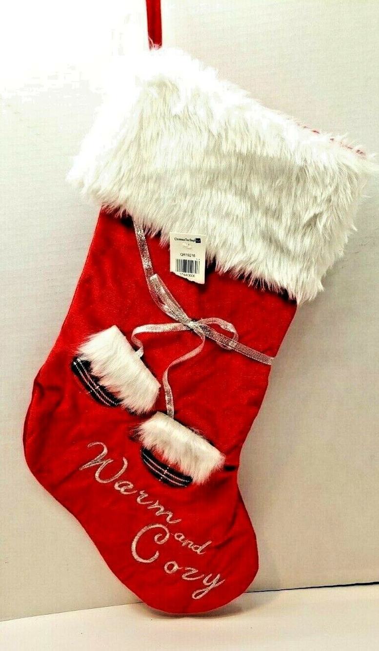New Red Velvet 21" Red Christmas Stocking with Plaid Mittens Warm & Cozy